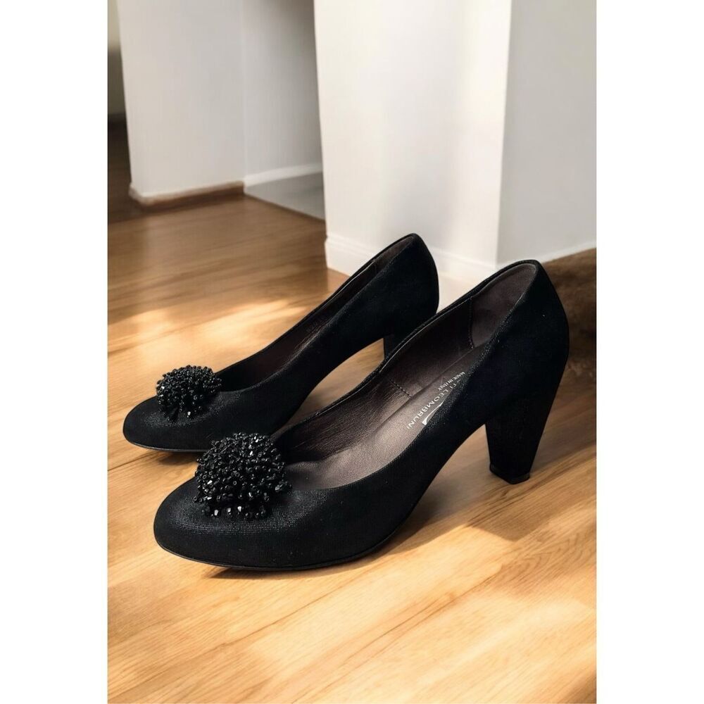 AGL Attilio Giusti Leombruni Heels 9,5 Shiny Black Metal‎ Beaded Pom Poms 39,5